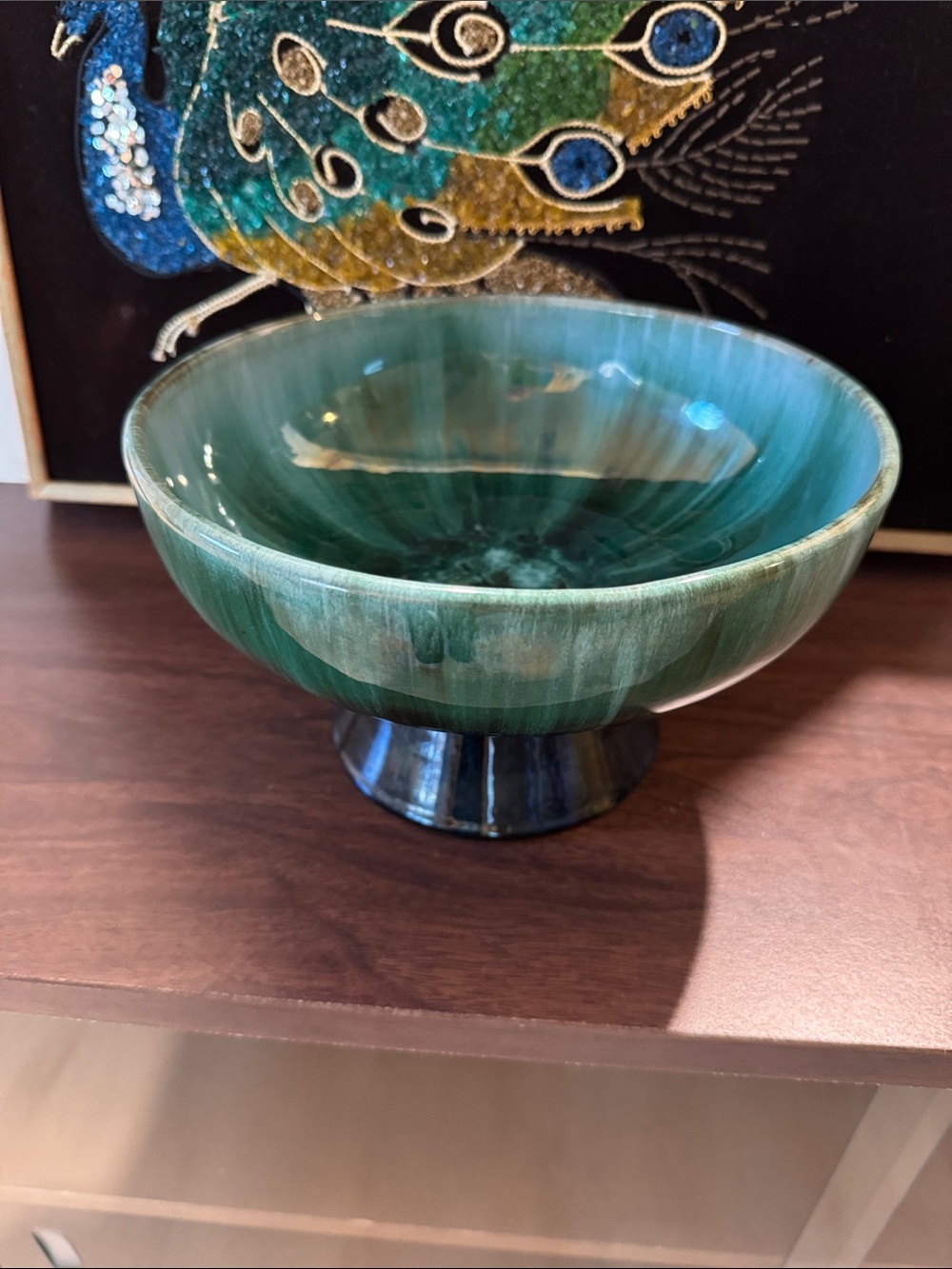 Vintage Blue Mountain Pottery Pedestal Bowl Green Drip Glaze Compote/bowl